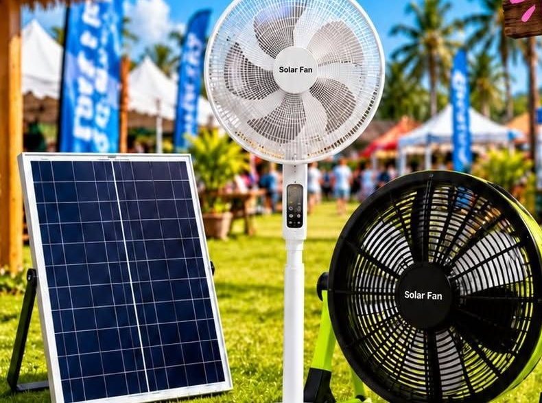 Ventilateurs solaires et panneau sur une pelouse en plein soleil